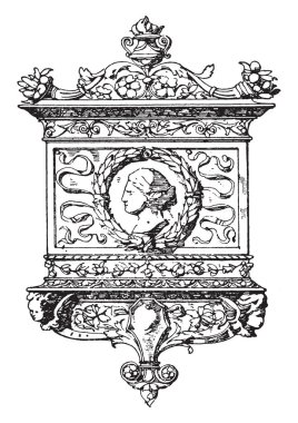 Tablet çerçeve İtalyan Rönesans tarzında, dik üçgen, vintage çizgi çizme veya oyma illüstrasyon genel şekli vardı.