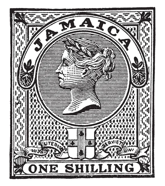 Illustration Represents Jamaica One Shilling Revenue Stamp 1880 Vintage Line — Stock Vector