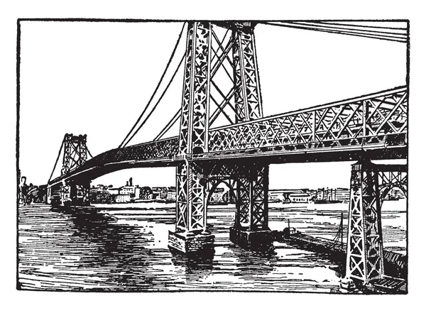 威廉斯堡大桥是纽约市的一座吊桥 横跨东河连接曼哈顿的下东区 老式线条画或雕刻插图 — 图库矢量图片