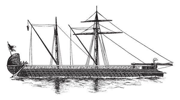 Греческий военный корабль с тремя крыльями весла - это большой декоративный птичий элемент в носовой части и раковине, такой как корпус на корме, винтажный рисунок линии или эскиз.
.