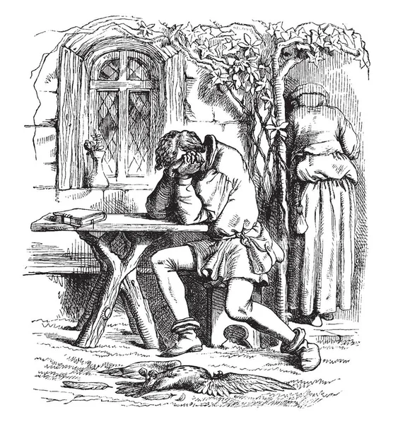 一个男人坐在餐桌上悲伤的心情 老式的线条画或雕刻插图 — 图库矢量图片