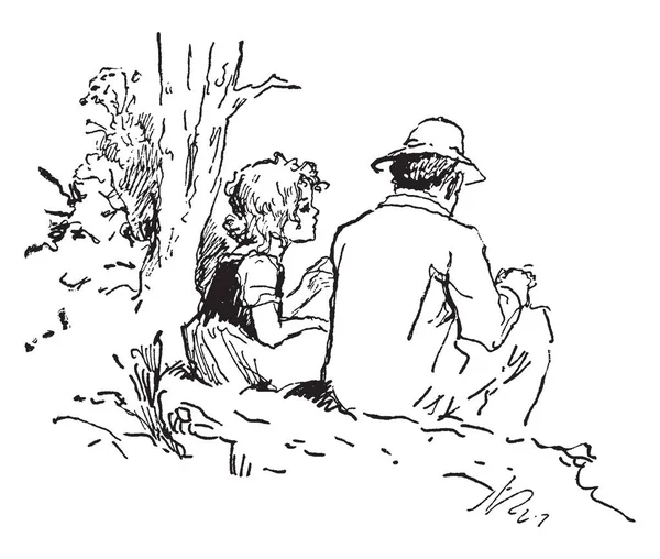 Homem Com Uma Menina Sentada Perto Árvore Desenho Linha Vintage — Vetor de Stock