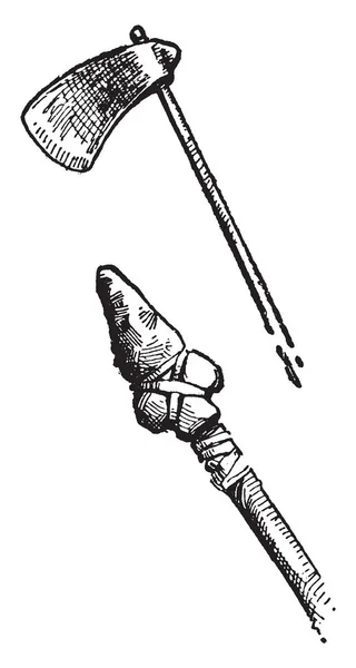 この写真では つの武器 トマホーク ネイティブ アメリカン ビンテージの線描画による狩猟やイラストを彫刻に使用される矢印 — ストックベクタ
