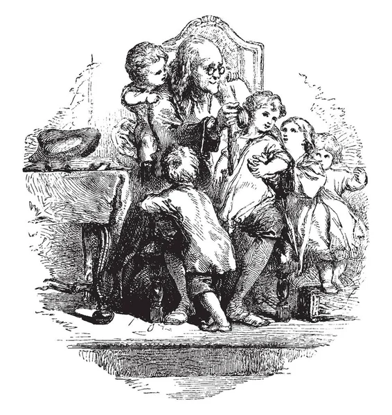 坐在椅子上的老人和一群孩子围着他玩耍 老式的线条画或雕刻插图 — 图库矢量图片