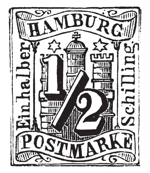 这张图片代表汉堡一和半先令邮票在 1859年 复古线图画或雕刻例证 — 图库矢量图片