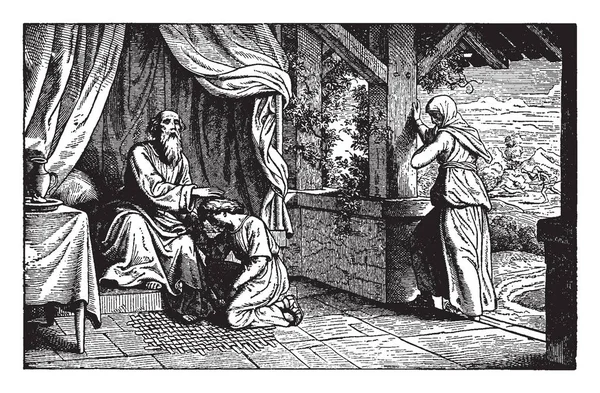 祝福の背景 ビンテージの線描画や彫刻イラストでホルンを吹いている男 戸口に立っている女性彼の足元にひざまずいて 別の男のベッドの上に座っている老人 — ストックベクタ