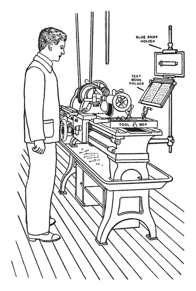 这个例证代表正确的位置在引擎车床为车削 复古线图画或雕刻例证 — 图库矢量图片