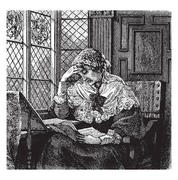 Женщина Читает Большой Сложенный Лист Бумаги Стол Письмо Сидя Усталость — стоковый вектор