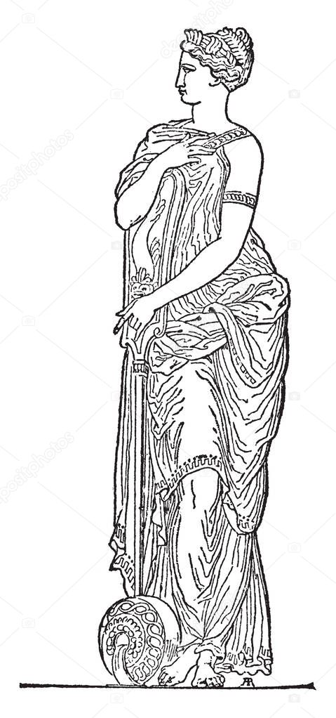 Nymph Sculpture is in Greek mythology, vintage line drawing or engraving illustration.