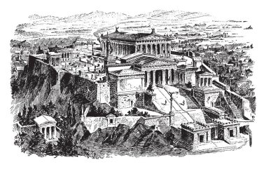 Atina - Propylaea restorasyonu veya tepe alan, Atina şehir, Akropolisi iki figür tırmanmak, vintage çizgi çizme veya oyma illüstrasyon.