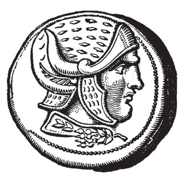 Bu görüntüde bir tetradrachm antik Yunan yazı tura bu. Bir resim bir askerin sikke, vintage çizgi çizme veya oyma illüstrasyon.
