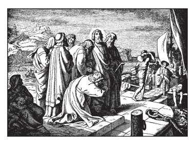 Onlardan biri dizlerinin üzerine eğildi ve başka bir sarılmak onu, vintage çizgi çizme veya oyma illüstrasyon kişi Saint Paul toplandı.