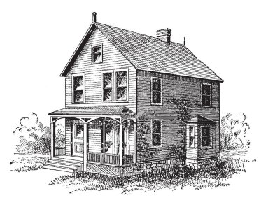 Görüntünün iki hikaye bina, poticos sundurma ve ön ve yan duvarlar, vintage çizgi çizme veya oyma illüstrasyon çoğu pencerede gösterir.