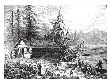 Görüntü eski göçmenler ülkesi tasvir. Burada birçok kişi gölde boğuldu günlük ev yelken tekne, vintage çizgi çizme veya oyma illüstrasyon gösterir.