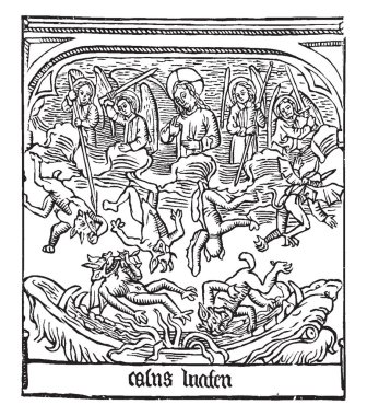 Spekulum Humanae kurtuluş Lucifer Güz, vintage çizgi çizme veya oyma illüstrasyon oyulmuş ilişkindir.