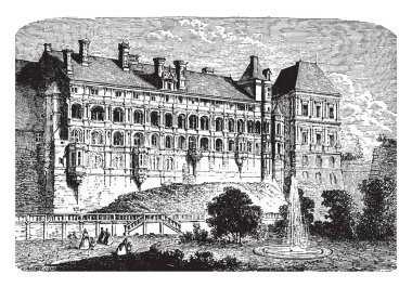 Chateau Blois, dpartement Loir-et-Cher, Loire Valley, Blois şehir merkezinde, çizim veya şekil oyma birkaç Fransız kralları, Başpiskopos Reims, vintage çizgi Villası.
