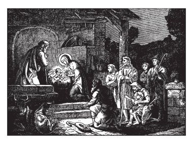 Çobanlar ahırda geliyor. Mary onun yanında diz çöker ve Joseph yöneticinin yanında duruyor. Çobanlar düşük duvardaki bir delikten gelen ve yemlik, vintage çizgi çizme veya oyma illüstrasyon önce diz çök.