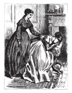 Ağlayan bir kadın ve onu teselli etmeye çalışan başka bir kadına, vintage satır çizim veya gravür illüstrasyon