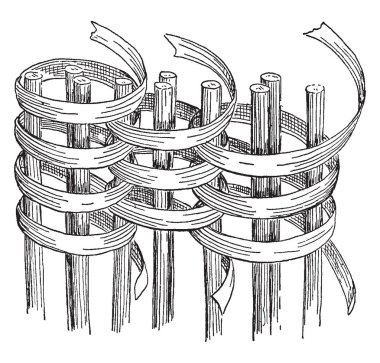 Coiled Work Basket Weave are made by sewing over and over with some sort of flexible material, stitch interlacing with the one underneath, vintage line drawing or engraving illustration. clipart