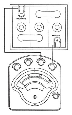 Bir devre, vintage çizgi çizme veya oyma illüstrasyon bağlı 3 volt ölçek.