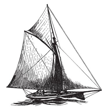 Sloop Yelkenli tekne tek bir direk ve ön ve arka teçhizat, vintage çizgi çizme veya oyma illüstrasyon olduğunu.