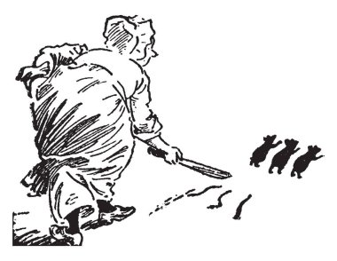 Üç fareler bir kadın, klasik çizgi çizme veya oyma illüstrasyon tarafından takip ediliyor