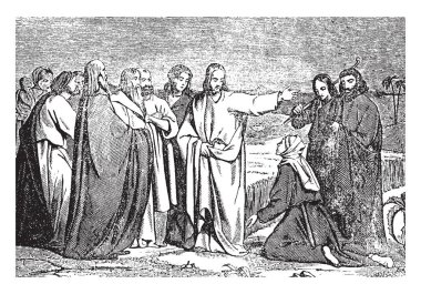 Resim Bartimaeus adında bir kör bagger dizlerinin İsa ve İsa ona şifa önünde oturan gösterir. İsa üç öğrencileri onu, vintage çizgi çizme veya oyma illüstrasyon ayakta.