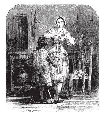 Küçük masa ve holding skein iplik ve bu sarma kadın üzerinde oturan bir adam, o büyük tablo, vintage çizgi çizme veya oyma illüstrasyon duran