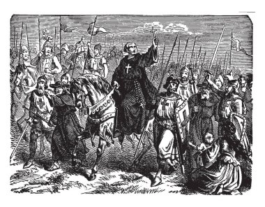 The Crusades being Preached by a Monk on Horseback holds a cross in his raised hand, vintage line drawing or engraving illustration. clipart