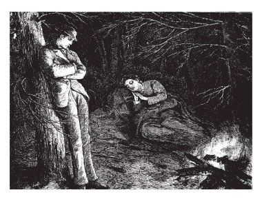 Bir kayanın üzerinde istirahat kadın ve ormanda, vintage çizgi çizme ağacında karşı yaslanmış veya oyma illüstrasyon kadın