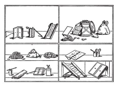Resim, bir duvar sayma, resmi Pompei, kitap, sınıf, paralar, göre Roma okul malzemeleri - Çantalar, Romen rakamları, okul malzemeleri, kaydırma, mutfak eşyaları, duvar resmi, vintage çizgi çizme veya oyma illüstrasyon.