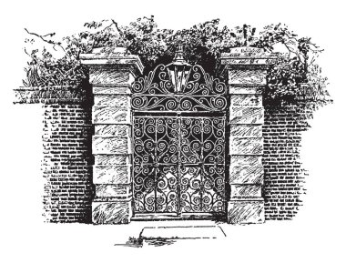 Koloni kapısı, Charleston, Güney, Carolina, koloni, kapı, vintage çizgi çizme veya oyma illüstrasyon