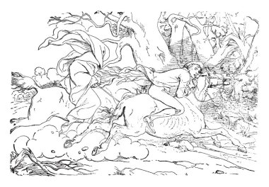 Başsız Süvari, bu sahneyi at ve onu, vintage çizgi çizme veya oyma illüstrasyon arkasında başka bir Başsız Süvari tarafından kovalanan bir kişini gösterir.