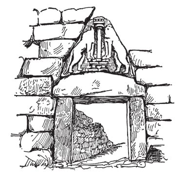 Aslanlı Kapı, Mycenae, giriş devre duvarı, daire, üçgen, rahatlatma önde gelen basamaklı bir rampa destek ağırlık taşları, vintage çizgi çizme veya oyma illüstrasyon.
