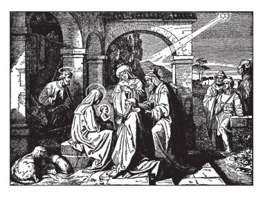 Akil adamların Mesih çocuk onun Doğum, vintage çizgi çizme veya oyma illüstrasyon sonra tapıyorum.