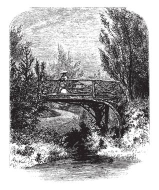 Bu bir kız bir kereste Viyadüğü üzerinde duruyor ve bir su birikintisi viyadük, vintage çizgi çizme veya oyma illüstrasyon altında gidiyor bir park olduğunu.