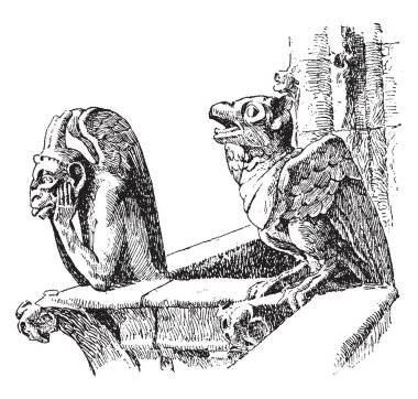 Gargoyles üzerinde Notre Dame, Paris, Fransa, oyma, grotesk, vintage çizgi çizme ya da illüstrasyon oyma oluşur.