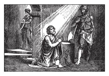 John the Baptist Lord için sadece onun kesme, vintage çizim için önce dua veya illüstrasyon oyma.