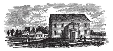 Hampden, Maine eski bir toplantı ev bu. İki katlı bir ev bu. Her, vintage çizgi çizme veya oyma illüstrasyon ile konuştuğunuz kişiyi iki kişi.