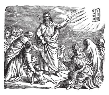 İsrailoğulları musa yakınındaki geldi ve onları, vintage çizgi çizme veya oyma illüstrasyon için on emir musa ortaya.