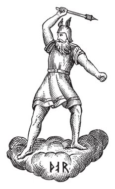 Şimşek, Thor, İskandinav Tanrısı onun çekiç flinging ve bir bulutun üzerinde duruyor. O bir kısa, kuşaklı tunik ve onun geleneksel kanatlı kask, vintage çizgi çizme veya oyma illüstrasyon giyiyor.