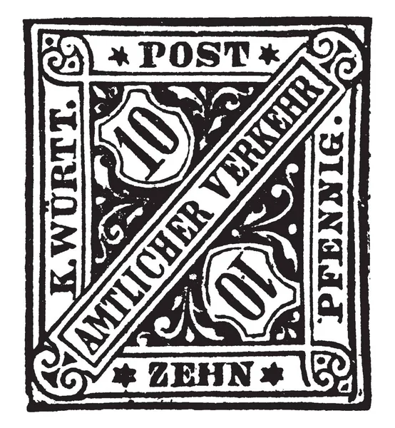 Wrtemberg Zehn 芬尼官方邮票在 1881年 这是一个外国官方邮费 复古线画或雕刻插图 — 图库矢量图片