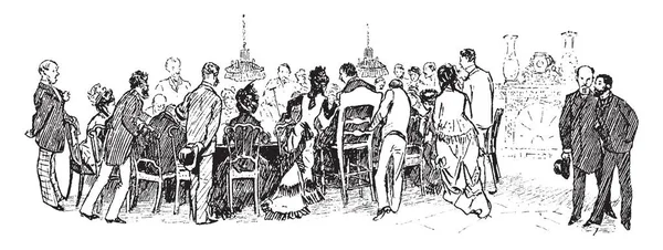 그림에서 카지노 테이블을 둘러싼 사람들의 그룹이입니다 이것은 빈티지 드로잉 그림의 — 스톡 벡터