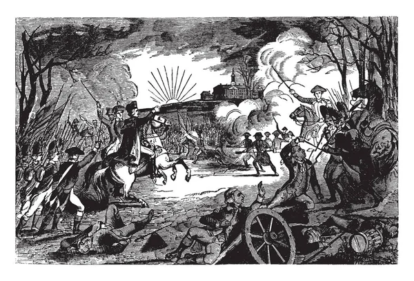 乔治华盛顿将军的革命力量和英国军队的争斗 复古线绘画或雕刻例证 — 图库矢量图片