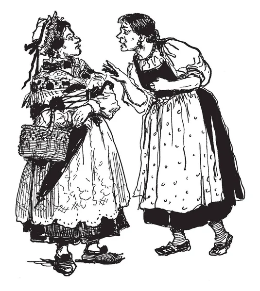 Dos Mujeres Discutiendo Una Ellas Sosteniendo Monedero Dibujo Línea Vintage — Vector de stock