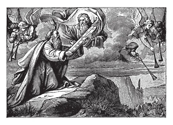 上帝出现在云中 并处理新的法律的石板上 摩西谁坐在西奈山上的膝盖 天使可以看到那里 老式的线条画或雕刻插图 — 图库矢量图片