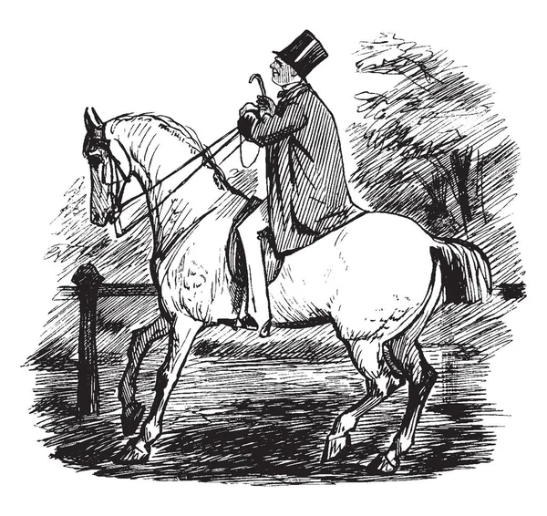 一个男人骑着马 老式的线条画或雕刻插图 — 图库矢量图片