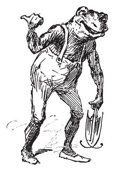 Мальчик с лицом лягушки в комбинезоне, рисунок винтажной линии или гравировка
