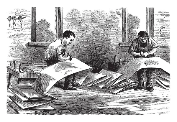 Dos Hombres Cosiendo Velas Para Velero Dibujo Línea Vintage Ilustración — Vector de stock