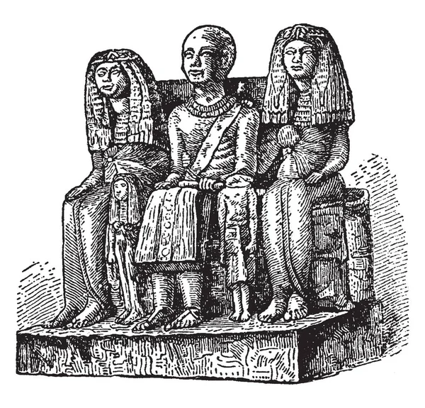 Illusztráció Egyiptomi Szüreti Vonalas Rajz Vagy Metszet Illusztráció Család Szobor — Stock Vector